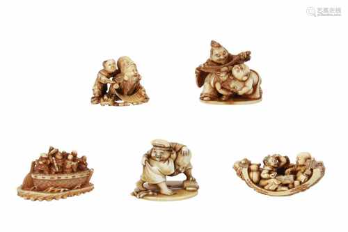 Lot of five netsuke, 1) Ivory Hotei and Oni playing a game in a boat with karako. Signed Mitsutoshi.