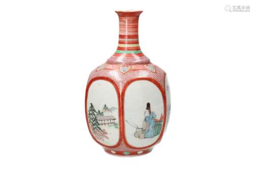 A hexagonal Kutani porcelain saké bottle, decorated with landscapes and figures. Unmarked. Japan,