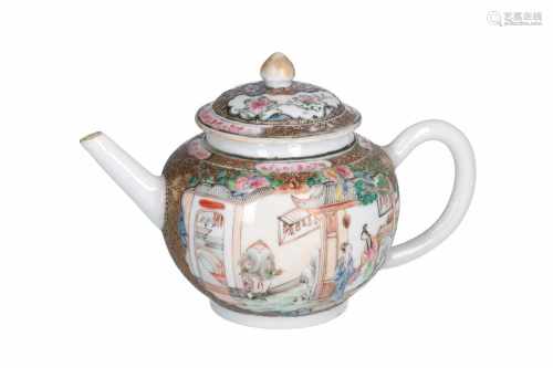 A famille rose porcelain teapot, decorated with figures in a courtyard. Unmarked. China,