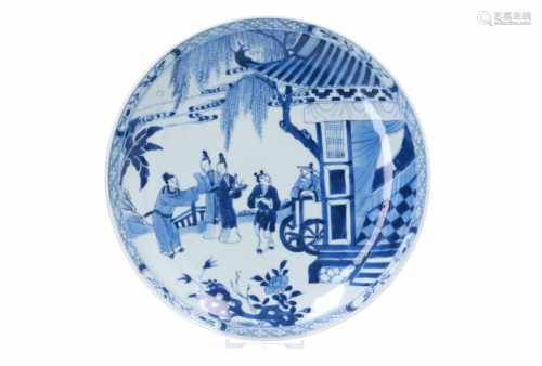 A blue and white porcelain deep dish, decorated with a scene from the Western Chamber depicting