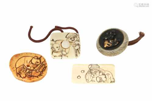 Lot of four manju, 1) Ivory, depicting Daikoku with bag and karako. L. 5,5 cm. 2) Ivory, depicting