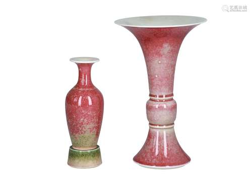 Lot of two underglaze red porcelain vases, one with porcelain stand. One marked with seal mark