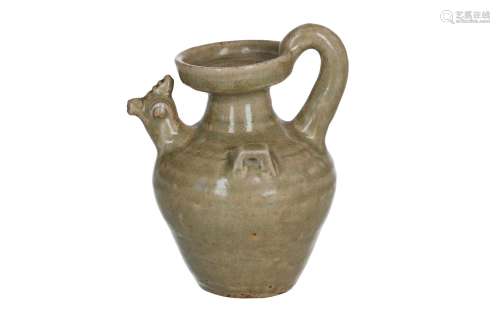 A celadon yue-ware ewer with a spout in the shape of a rooster. Unmarked. China, Five Dynasties.