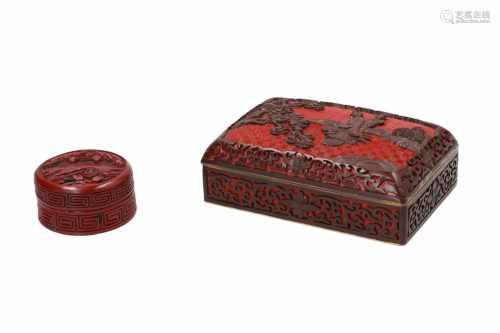 An oblong cinnabar lacquer on copper box, decorated with ladies in a garden. Added a round