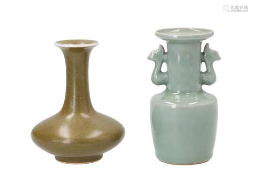 Lot of two porcelain vases, 1) celadon glazed with two handles. With seal stamp. 2) teadust.