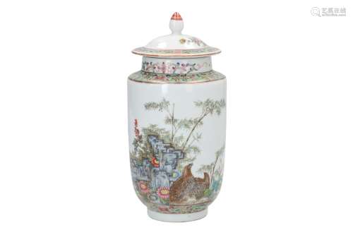 Lot of two polychrome porcelain lidded vases, decorated with flowers and birds. Marked with seal