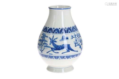 A blue and white porcelain vase, decorated with deer and flowers. Marked with seal mark. China, 20th