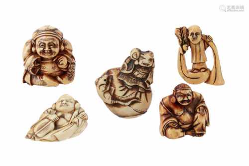 Lot of five netsuke, 1) Staghorn Daikoku with hammer on Hotei's bag and rat. H. 5,5 cm. 2) Ivory