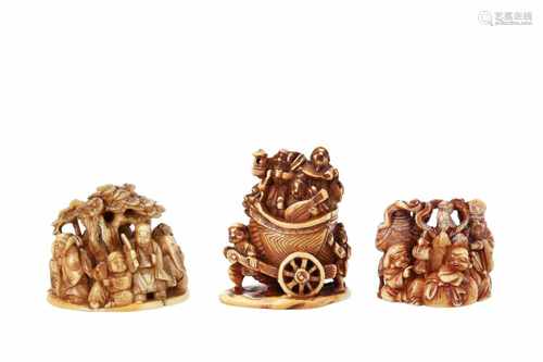 Lot of two okimono netsuke and one netsuke, 1) Ivory netsuke, seven lucky gods. Signed Ryutan. H.