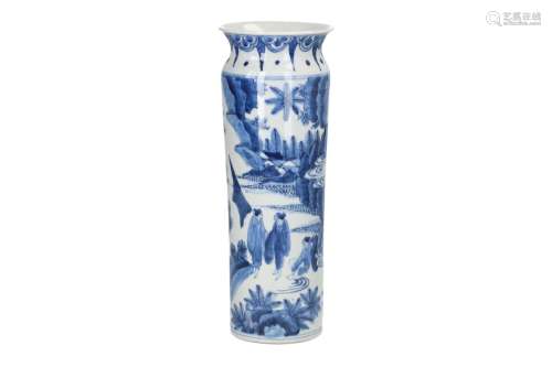 A blue and white porcelain sleeve vase, decorated with figures in a mountainous landscape. Unmarked.