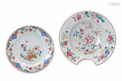 Lot of a famille rose porcelain shaving basin and dish, decorated with flowers. Both unmarked.