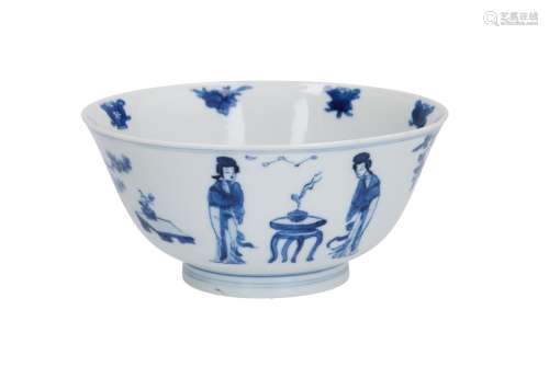 A blue and white porcelain bowl, decorated with symbols and long Eliza on the inside and long Elizas