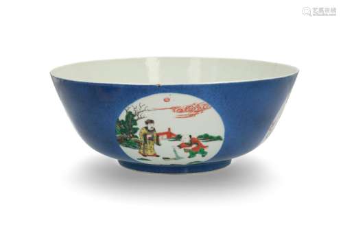 A large powder blue porcelain bowl decorated with four reserves with a rain dragon, burning pearl