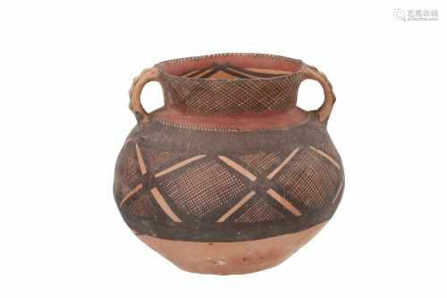 A red pottery pot with thin walls, painted before firing, decorated with geometric pattern. China,