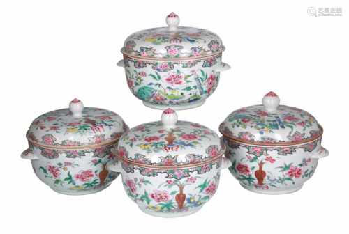 Lot of four famille rose tureens, decorated with flowers, vases and scrolls. Unmarked. China, 18th