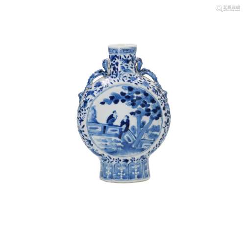 A blue and white porcelain moonflask in Yuan style, decorated with figures in a garden, birds,