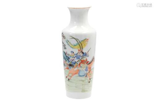 A polychrome porcelain vase, decorated with warriors riding horses. Marked with seal mark
