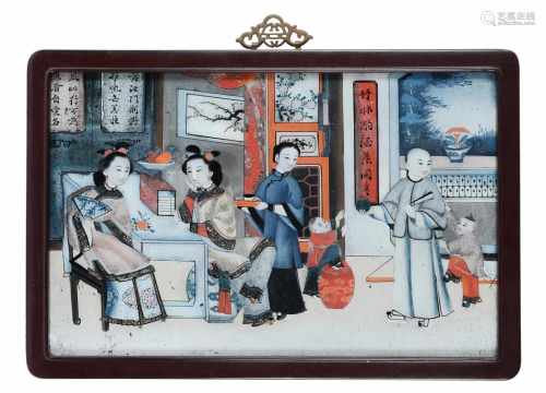 Reverse painting on glass, depicting an elegant company in a room. China, 19th century. Dim. 31,5