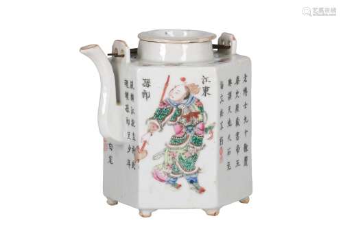 A polychrome porcelain Wu Shuang Pu teapot, decorated with figures, warriors and poems. Unmarked.