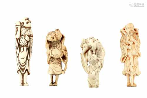 Lot of four netsuke, 1) Ivory Gama Sennin with toad. H. 10 cm. 2) Ivory Gama Sennin with toad and