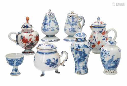 Lof of blue and white porcelain items, including a vase, tea caddy, stem cup and jug. Added two