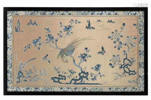 An embroidery on silk, depicting a bird on a branch and butterflies. China, 19th century. Dim. 67