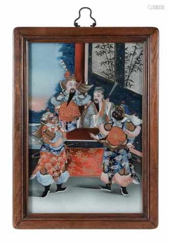 Reverse painting on glass, depicting two Chinese gentlemen and two demons. China, second half 19th