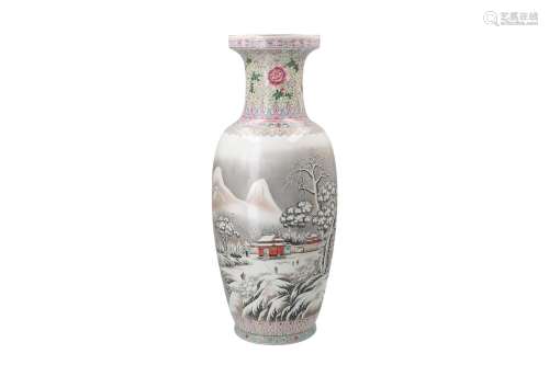 A polychrome porcelain vase, decorated with a mountainous winter landscape and a poem. Marked with