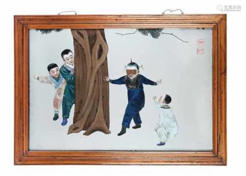 Reverse painting on glass, depicting children playing blindman's buff. Marked with 2-character mark.