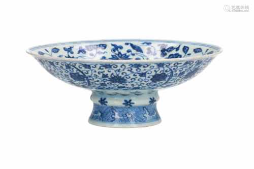 A blue and white porcelain tazza, decorated with flowers. Marked with 6-character mark. China,