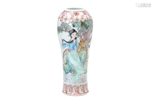 A polychrome porcelain vase, decorated with a woman and tiger in the river and characters. Made in