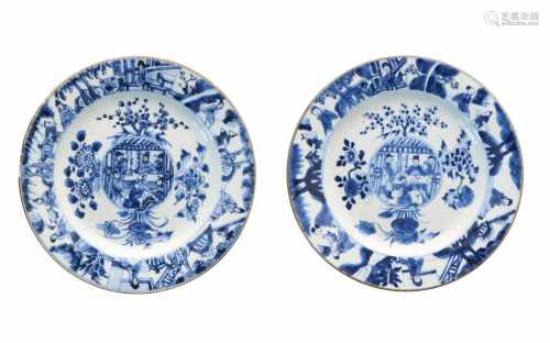 A pair of blue and white porcelain dishes, decorated with flowers and figures. Unmarked. China,