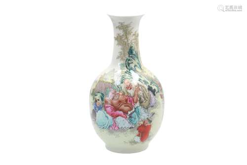 A polychrome porcelain vase, decorated with figures and characters. Signed Cang Jing Shan Fang.