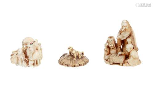 Lot of two netsuke and one okimono netsuke, 1) Ivory figure on hat with bird. Signed Masaga. Diam. 4