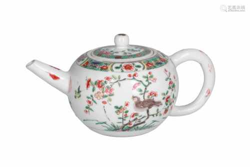 A famille verte porcelain teapot, decorated with flowers, insects and birds. Unmarked. China,