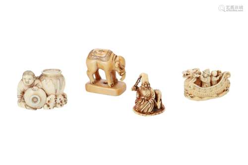 Lot of three netsuke and one seal netsuke, 1) Ivory Jurojin with deer. Signed. H. 3,5 cm. 2) Ivory