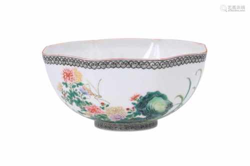 An octagonal polychrome eggshell porcelain bowl, decorated with flowers and a mythical animal.