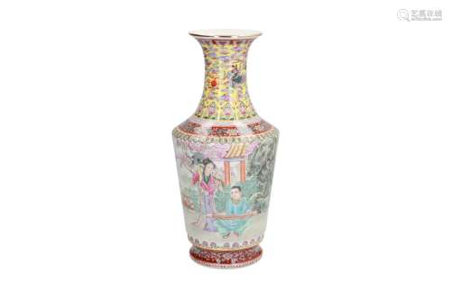 A polychrome porcelain vase, decorated with figures in a garden, a phoenix and a poem. Dated 1990.