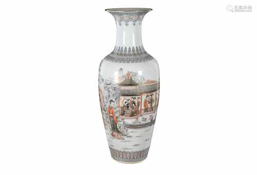 A polychrome porcelain vase, decorated with figures on a terrace. Marked with blind stamp. China,