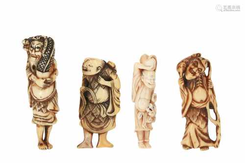 Lot of four netsuke, 1) Staghorn Gama Sennin with dragon. H. 8,5 cm. 2) Staghorn Gama Sennin with