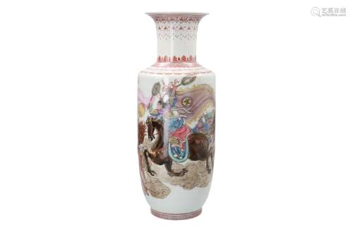 A polychrome porcelain vase, decorated with warriors on horses and characters. Marked with seal mark