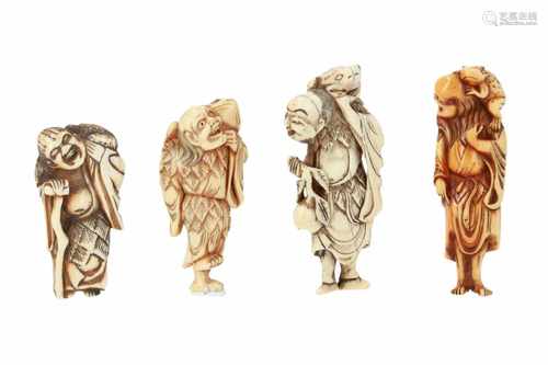 Lot of four netsuke, 1) Ivory Gama Sennin with toad. H. 6,5 cm. 2) Ivory Gama Sennin with toad.