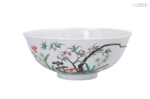 A polychrome porcelain bowl, decorated with flowers and peaches. Marked with 4-character mark