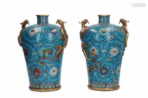 A pair of polychrome cloisonné vases, decorated with flowers and dragons. Marked Qianlong. China,