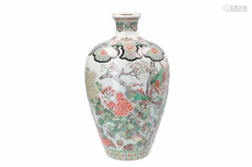 A polychrome porcelain Meiping vase, decorated with birds and flowers. Marked with seal mark Kangxi.