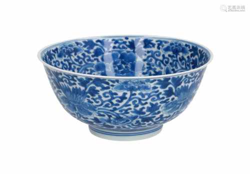 A blue and white porcelain bowl, decorated with lotus flowers. Marked with 6-character mark