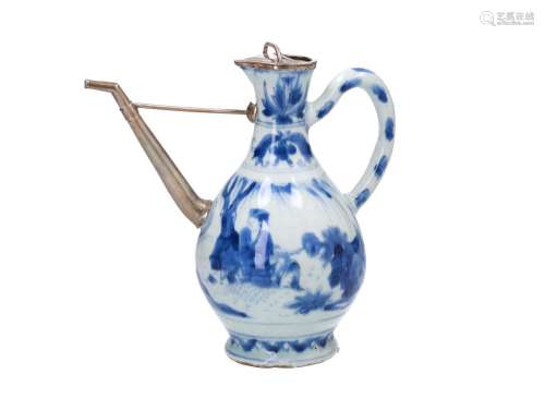 A blue and white porcelain jug, decorated with figures in a garden. With later silver mounts.