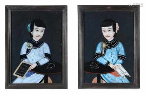 A pair of reverse paintings on glass, pendants, depicting young elegant ladies. One holding a book