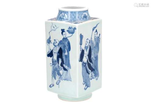 A square blue and white porcelain cong vase, decorated with figures. Marked with seal mark Qianlong.