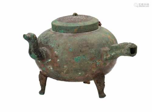 A bronze Jiadou. The lid with decorations in relief. China, Han or later. H. 14 cm. Provenance: